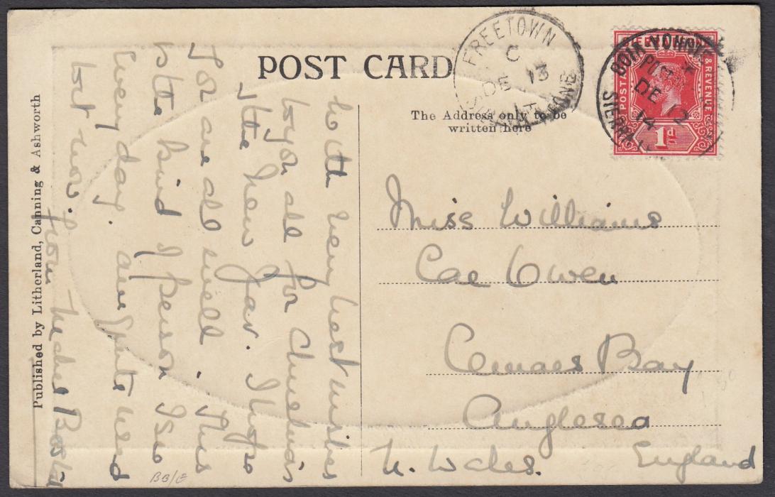 SIERRA LEONE (Travelling Post Office) 1913 picture post card to Anglesea, Wales franked 1d, tied good strike of scarce BOM-YONNIE T.P.O.; fine condition.