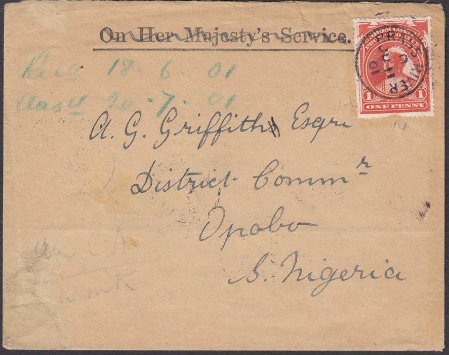 NIGERIA (Niger Coast) 1901 (JU 11) internal altered OHMS envelope to Opobo, S. Nigeria bearing single franking 1d cancelled BRASS RIVER cds, reverse with BONNY RIVER transit of JU 14 and arrival JU 16.