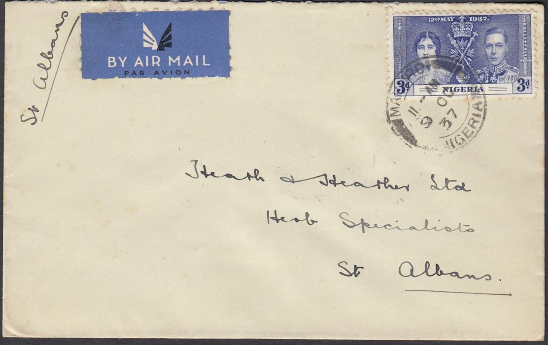 NIGERIA 1937 air mail cover to England franked Coronation set of three and KGV ½d tied MAKURDI cds, KADUNA-NORTH transit cds at left; good quality.