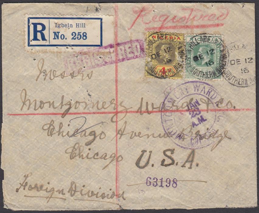 NIGERIA 1916 registered cover to Chicago franked ½d and 4d tied good strikes of IGBEIN HILL/ABEOKUTA SOUTHERN NIGERIA cds, reverse with some unclear transits, LAGOS transit, LONDON transit and arrival cancels.