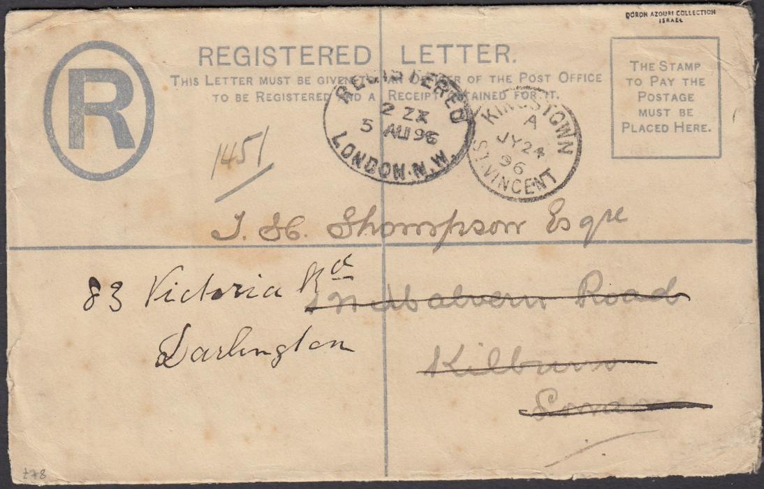 Saint Vincent 1896 postal stationery registration envelope to England, up-rated three 2½ PENCE on 1d tied KINGSTOWN cds, LONDON registered transit, re-directed from Kilburn to Darlington with appropriate date stamps.