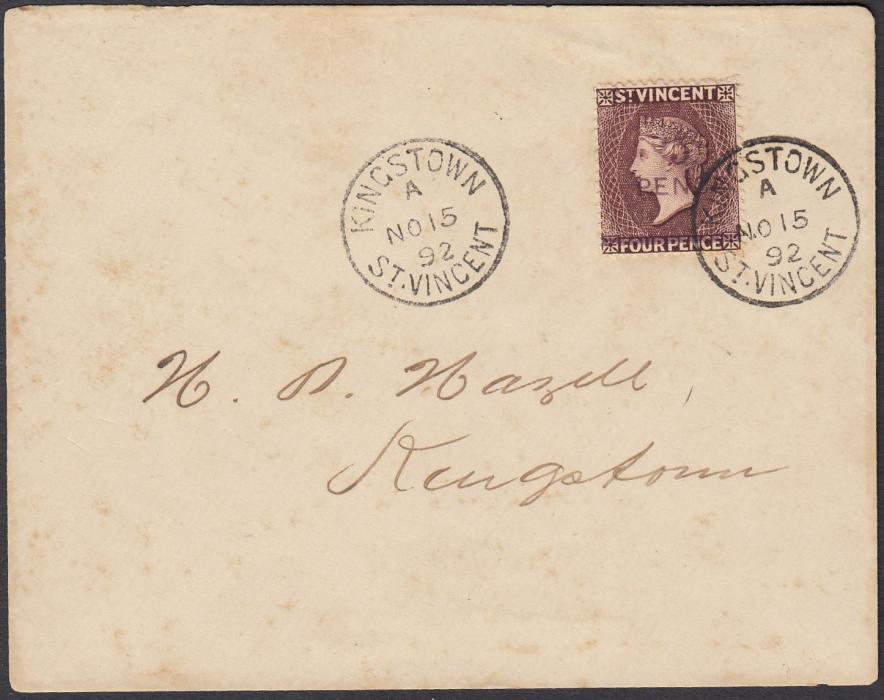 Saint Vincent 1892 (NO 15) local Kingstown cover bearing single franking 5 PENCE on 4d tied fine cds; some slight peripheral toning to envelope.
Nearly all covers with this issue are philatelic with virtually the entire supply of this stamp bought speculatively within an hour, some stamps changing hands at up to 5/- each.