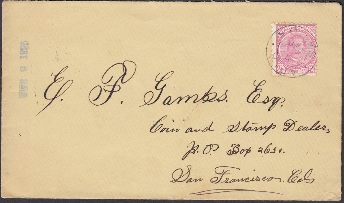 SAMOA 1894 (DEC 5) cover to San Francisco bearing single franking 2½d tied APIA/SAMOA cds showing INVERTED DATE, arrival backstamps; fine and clean.