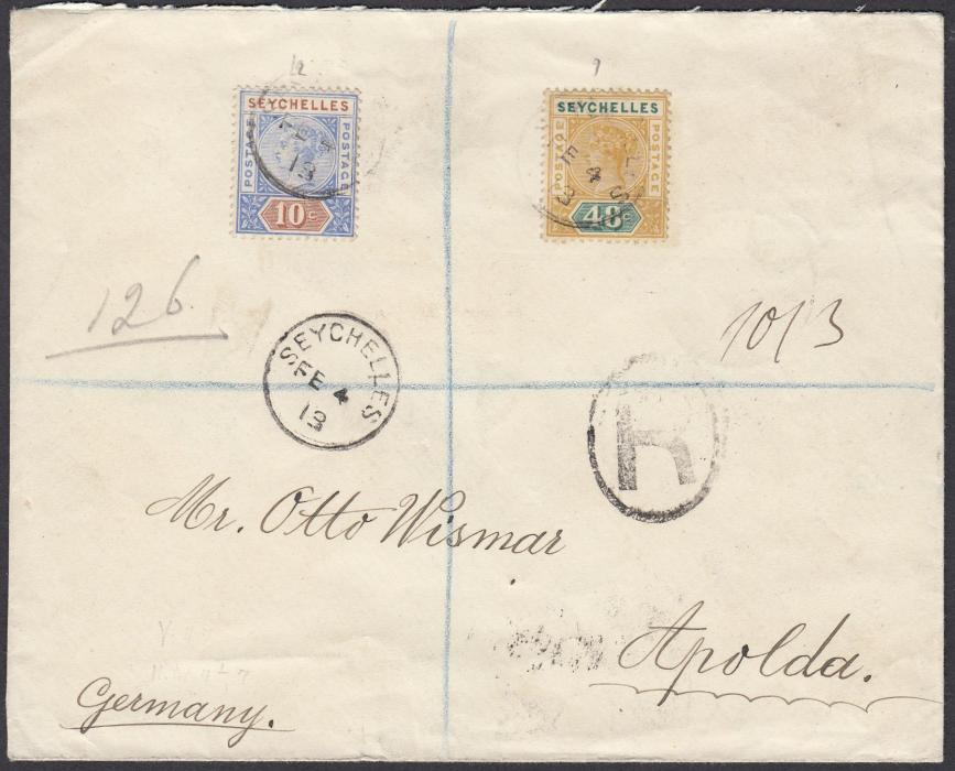 Seychelles 1913 (FE 4) registered cover to Apolda, Germany, franked Queen Victoria 10c and 48c tied cds, reverse with BOMBAY transit and arrival cds.