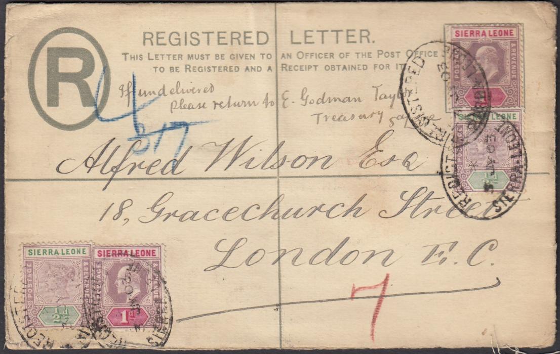 SIERRA LEONE 1903 KEVII 2d registered postal stationery envelope to London up-rated Queen Victoria ½d (2) and King Edward VII 1d (2) tied registered date stamps, arrival backstamp; opened out for display.