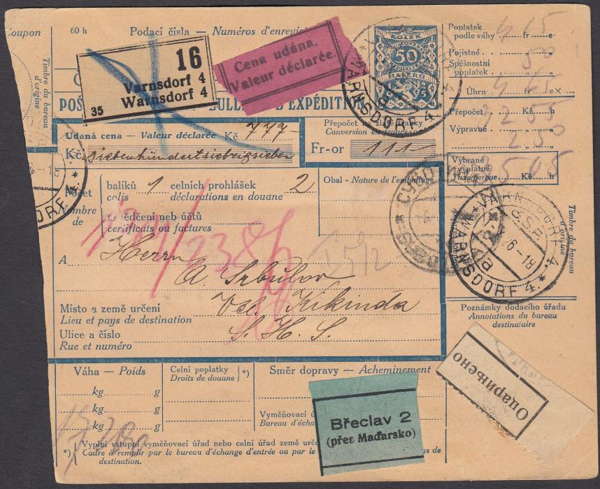 Yugoslavia 1926 Czech parcel card sent from Warnsdorf to Vel Kikinda, where on arrival two vertical strips of three  30 para on 5p (showing all four types of surcharge) plus pair 10p. postage dues to make a 2 Din rate for storage. Full Dr. Novakovic certificate.