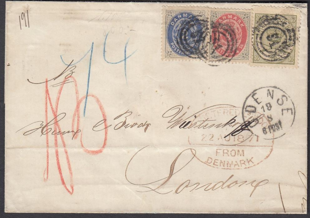 DENMARK 1871 registered outer letter sheet to London bearing mixed issue franking of 1864-68 16sk and 1870-71 Posthorn 2sk and 4sk cancelled three-ring 51 handstamps, ODENSE despatch cds and red oval-framed  REGISTERED LONDON/FROM DENMARK; horizontal filing crease clear of stamps.