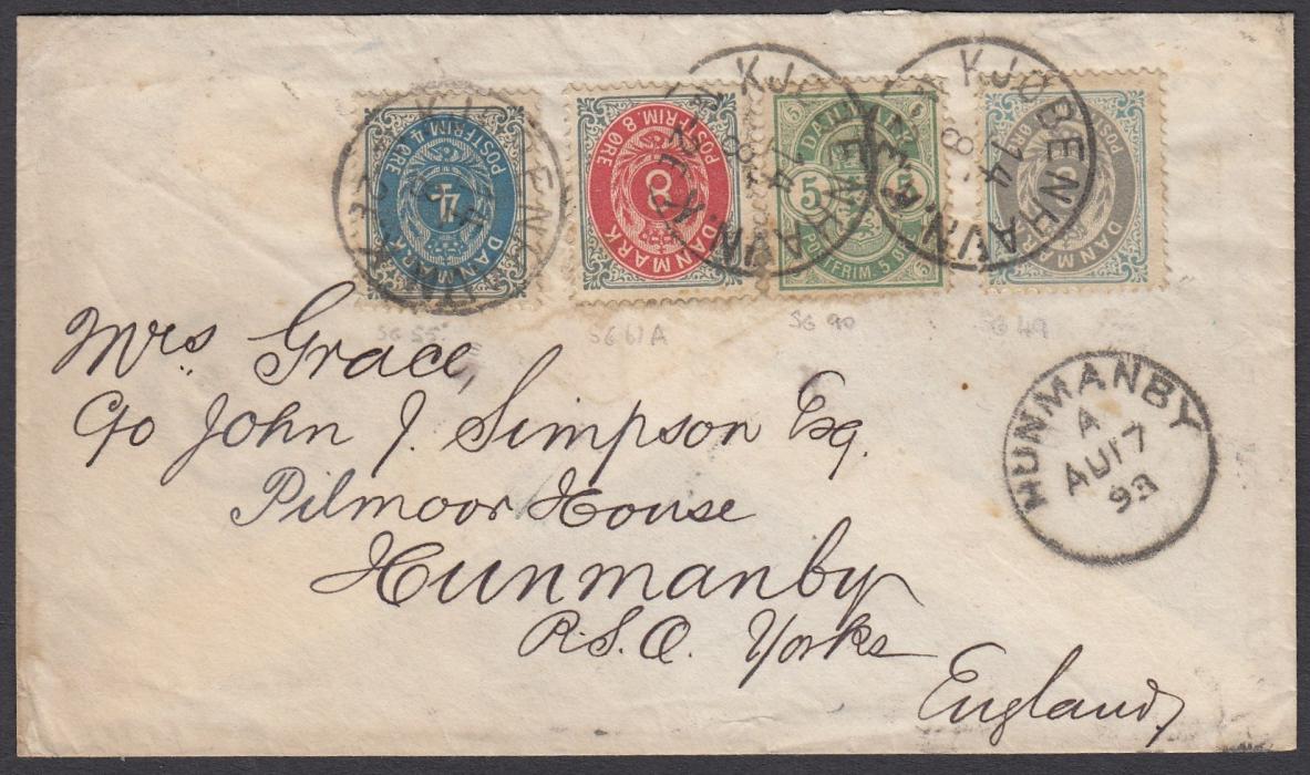 DENMARK 1893 Envelope to Hunmanby franked 3, 4, 5, & 8 ore tied by KJOBENHAVN date stamp. YORK transit cds on reverse.