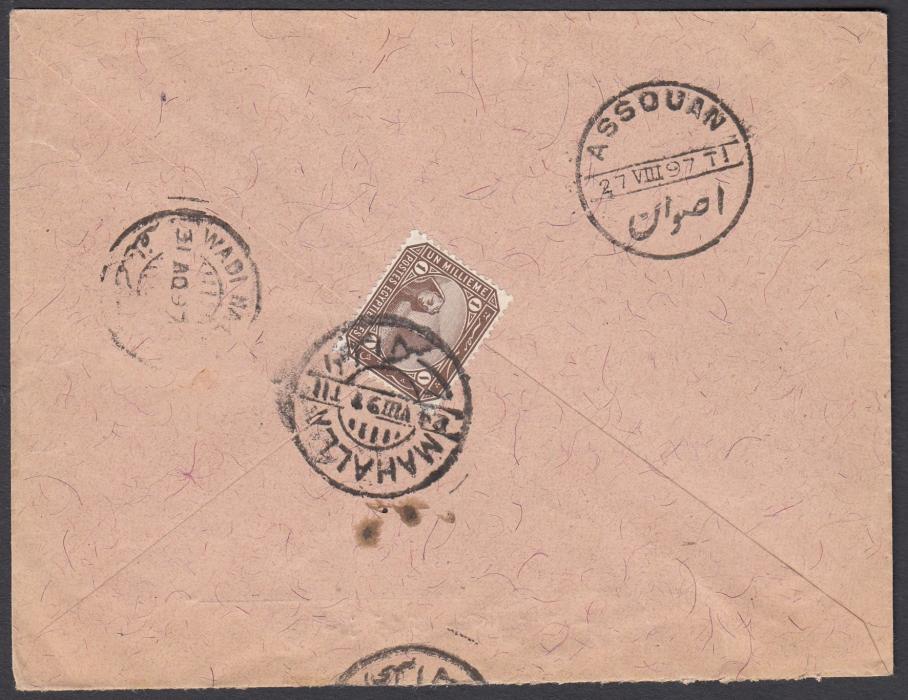 EGYPT 1897 under-franked cover to Sudan bearing 1m on reverse tied MAHALLA cds, repeated on front together with framed T handstamp. ASSOUAN and WADI HALFA backstamps.