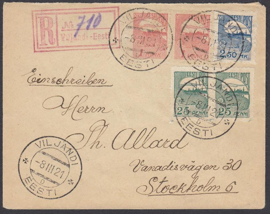 ESTONIA 1921 (8.III.) registered cover to Sweden franked privately rouletted 25p & 1m pairs and a 2.50m tied VILJANDI cds, red registration handstamp with manuscript number; without back flap. 