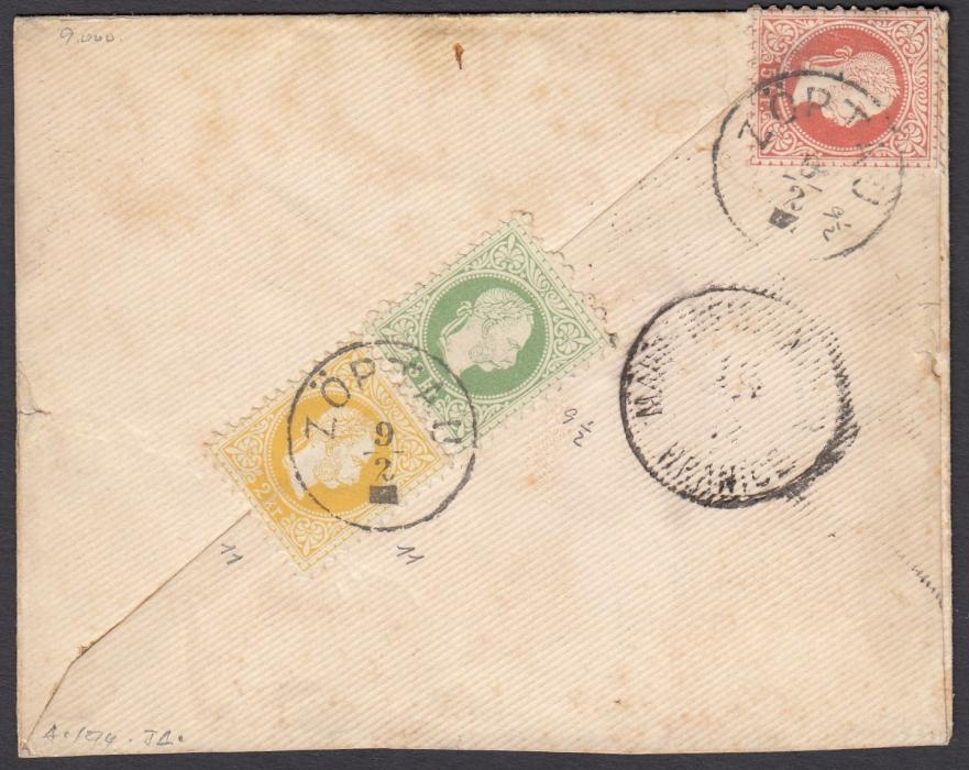 AUSTRIA Undated cover to Mahr Weisskirchen, franked on reverse 3kr + 5kr, Perf. 9½ and 2kr Perf. 11 - all three cancelled single-ring ZOPTAU date stamp. Attractive 3-colour mixed franking.
