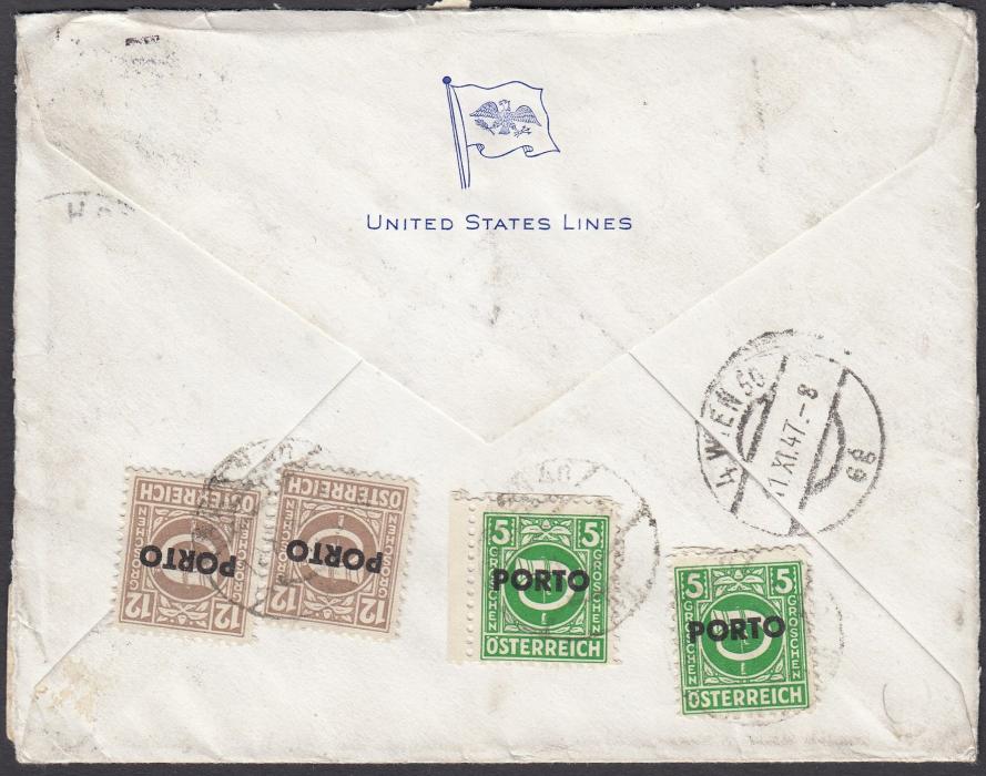AUSTRIA 1947 ‘United States Line’ printed envelope to Vienna franked Irish 2½d. tied by Cork date stamp, undefranked and bearing a charge hand stamp for 34 groschen, the cancels on the postage dues are not clear but it does appear as if the charge has been raised three different times including a mixed franking of 1946 and 1947 issues.