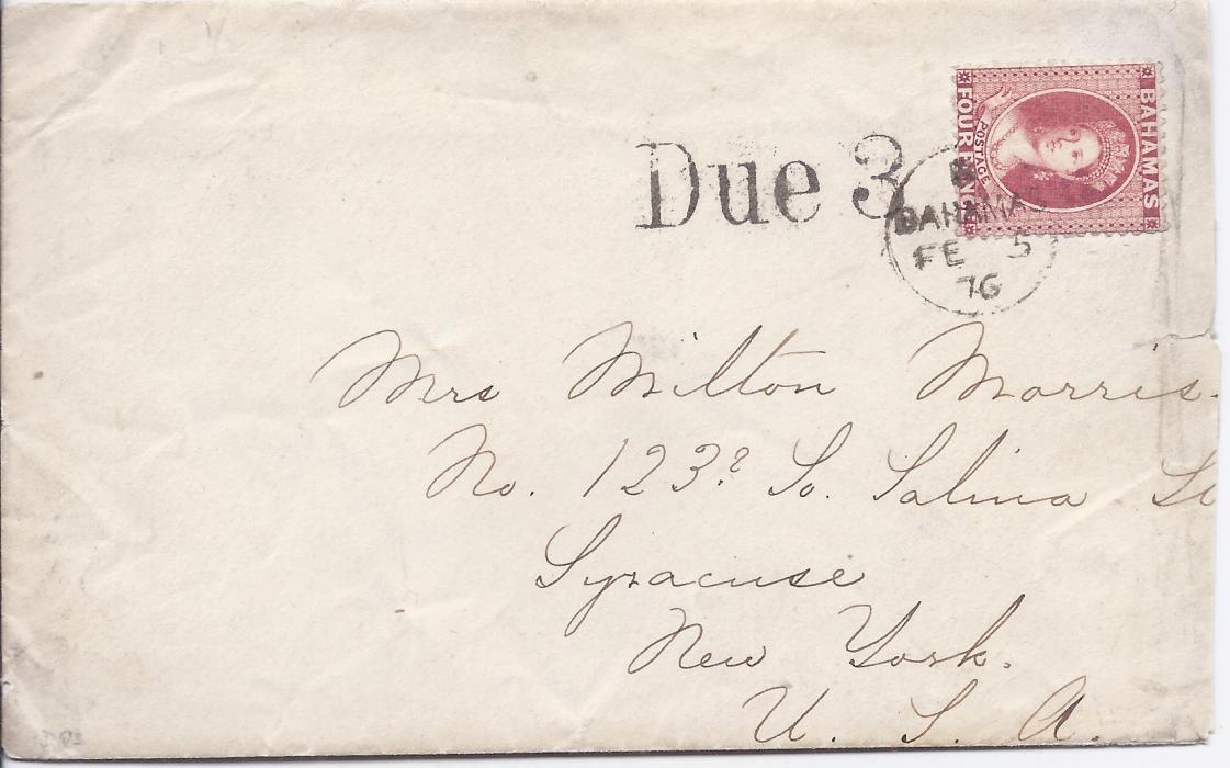 Bahamas 1876 Royal Victoria Hotel, Nassau printed illustrated envelope to New York franked 4d. chalon tied cds, straight-line Due 3 handstamp alongside. The envelope slightly reduced at side but still a fine early advertising cover