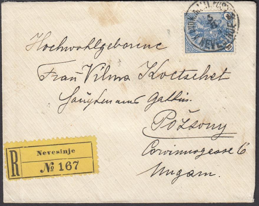 Bosnia Herzegovina 1890s registered cover to Pozsony bearing single franking 35k tied NEVESINJE date stamp, arrival backstamp; good condition.