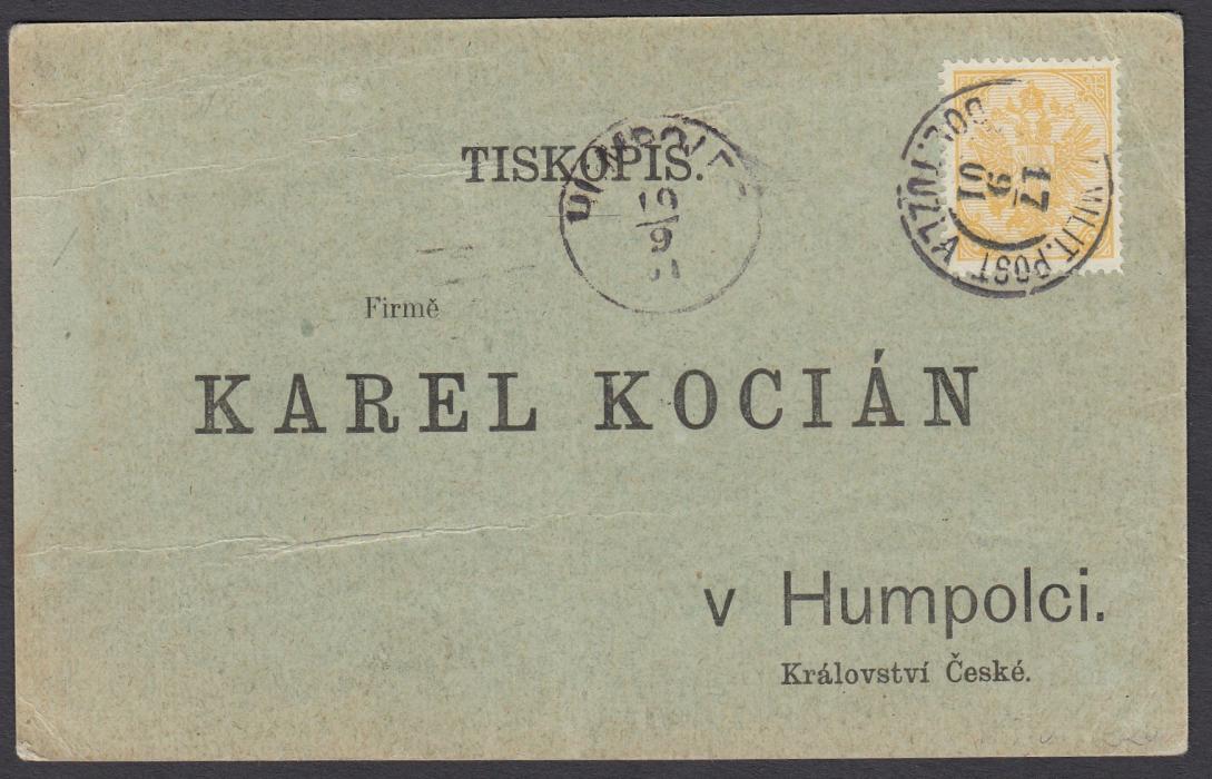 Bosnia Herzegovina 1901 printed advertising card to Humpolci franked 3kr printed matter rate, tied by K.u.K.MILITAR. POST/DOL. TUZLA date stamp. Arrival cds also on obverse.