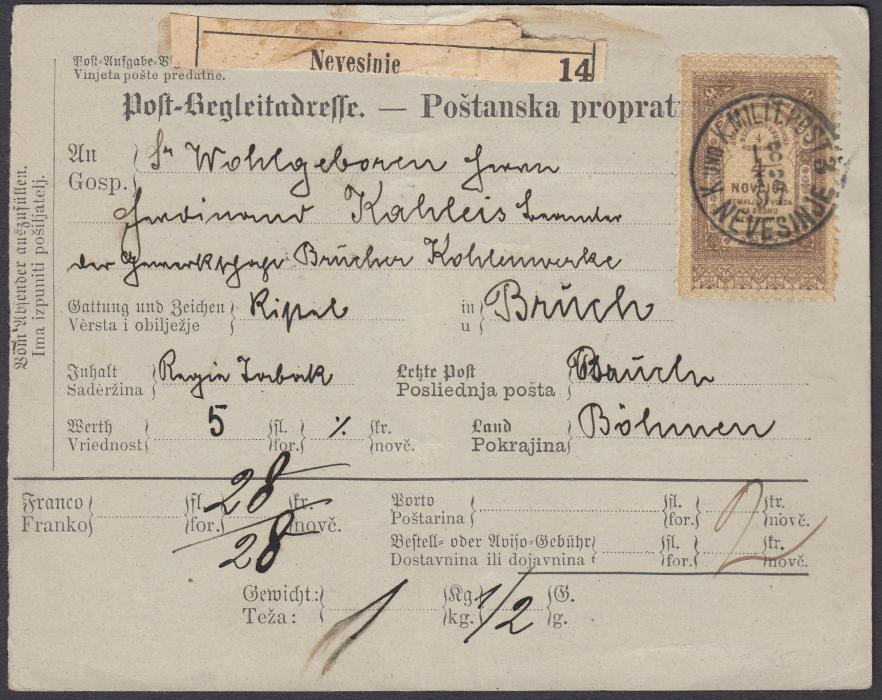 Bosnia Herzegovina 1897 parcel receipt to Bruch bearing 4n tied K.K. MILIT. POST 3/NEVESINJE cds, arrival backstamp; fine condition.