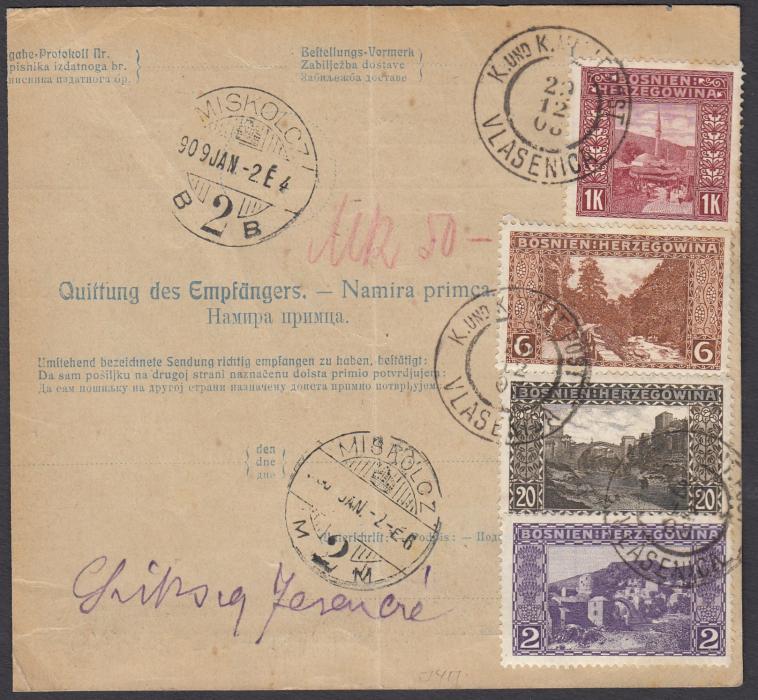 Bosnia Herzegovina 1903 8 heller parcel card to Miskolez, Hungary, up-rated pair 1k + 2pa, 6pa, 20pa & L1 pictorials on reverse, cancelled K.u.K. MILIT. POST/VLASENICA date stamp.