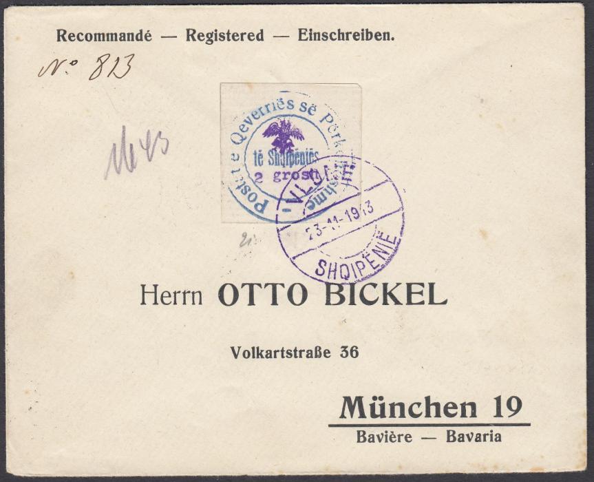 ALBANIA 1913 Labels Official Seal of PTT, 2gr and 5gr, each as single franking on registered cover from VLONE/23 11 resp. 23.11 to Munich (Bickel correspondence) with arrival marks on reverse. (Scott 24/25)