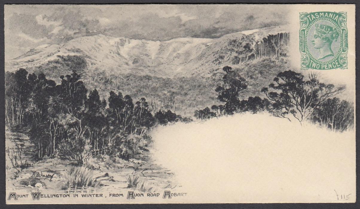 Australia (Tasmania) 1898 2d. green postal stationery envelope with black printed image entitled ‘Mount Wellington in Winter, from Huon Raod Hobart; fine unused Post Office issued envelope.