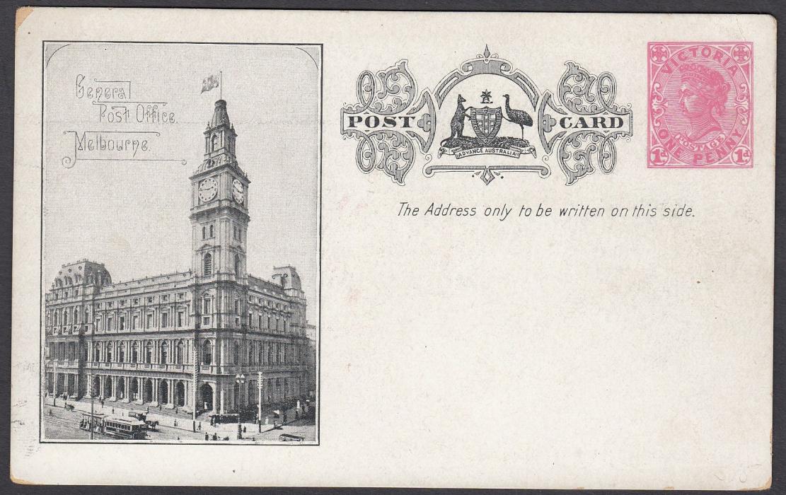 Australia Victoria: 1908 1d postal stationery card of Melbourne Post Office issued to commemorate visit of the USA Fleet with both countries flags illustrated on reverse; fine unused