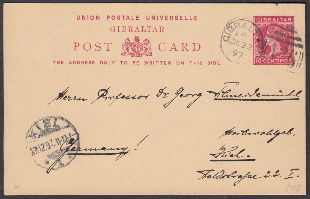GIBRALTAR: (Illustrated postal stationery) 1897 10c Souvenir Gibraltar stationery card with small illustration on reverse of The Rock, to Kiel, Germany, written from S.M.S. Oldenburg.