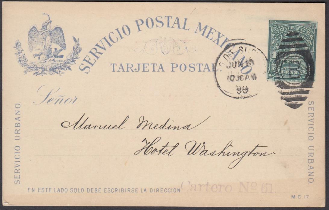 MEXICO:  (Advertising Stationery) 1899 Local Mexico City Servicio Urbano coloured 1c. postal stationery card advertising safes of Shafer & Co. of San Francisco.