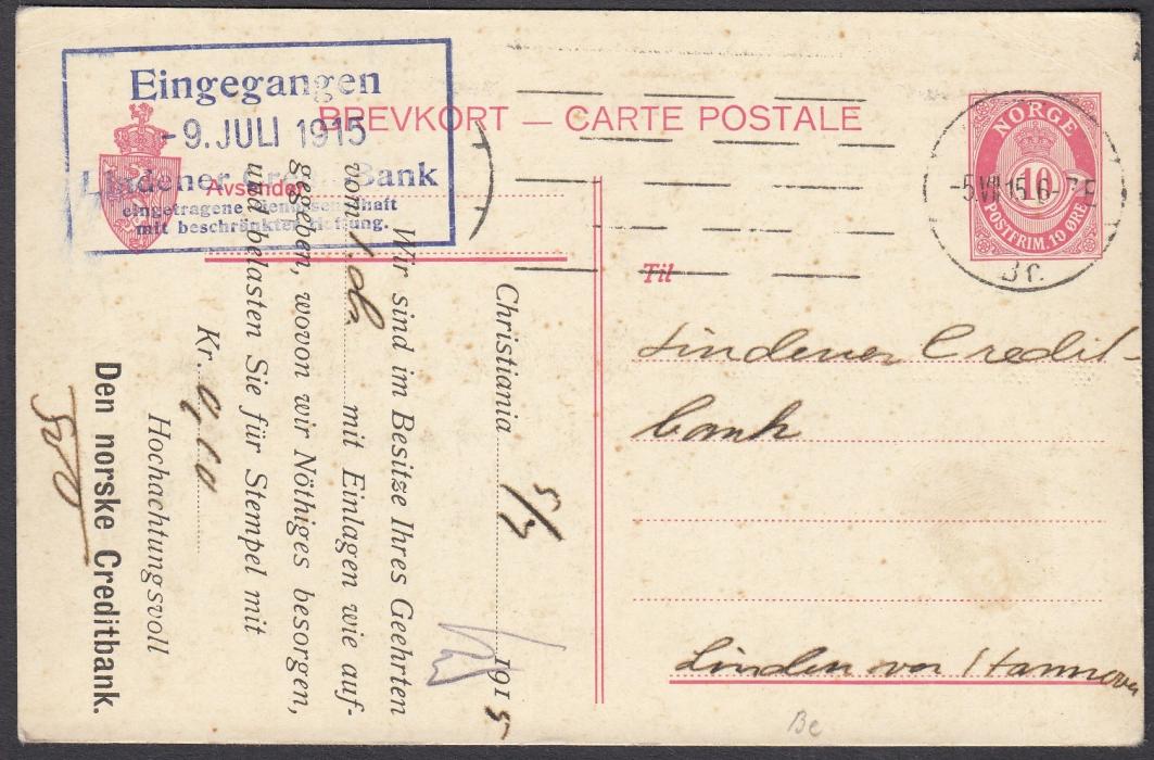 NORWAY: (Advertising Stationery) 1915 10o. card to Linden with illustrated advertisement on reverse for DEN NORSKE CREDITBANK; unusual.