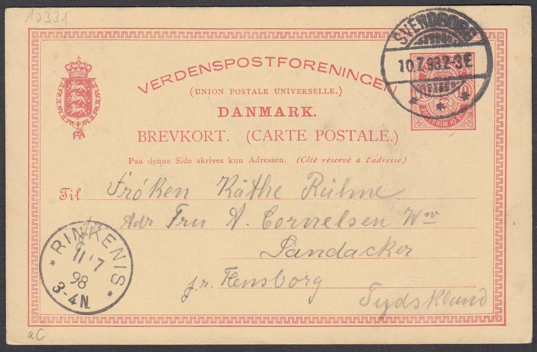 Denmark (Picture Stationery) 1898 Hilsen fra Svendborg multi-image 10o. card used from Svendborg with Rinkenis arrival bottom left. Images of Cafe, Church and River scene with bridge. Fine condition.