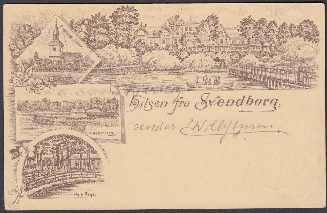 Denmark (Picture Stationery) 1898 Hilsen fra Svendborg multi-image 10o. card used from Svendborg with Rinkenis arrival bottom left. Images of Cafe, Church and River scene with bridge. Fine condition.