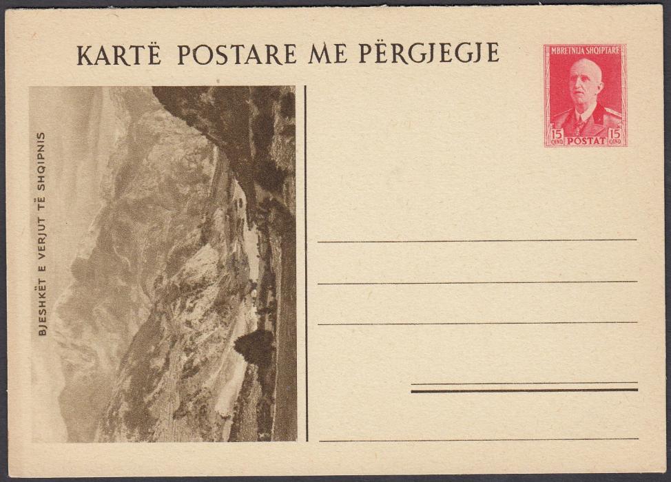ALBANIA (Picture Stationery) 1940 15Q. red reply card with image on front at left entitled Bjeshket E Verjut Te Shiqipnsis, the reply section with a different image; fine unused.