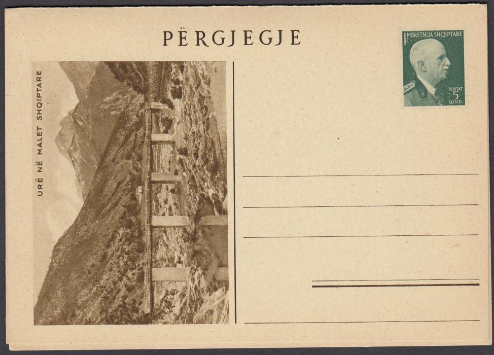ALBANIA (Picture Stationery) 1940 5Q. green card with image on front at left entitled Fshati Dishnica E Korces, the reply section with image of Bridge; fine and scarce.