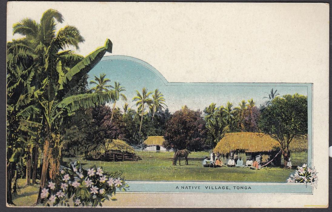 TONGA: (Picture Postal Stationery) 1906 1d. picture card A Native Village with diagonal SPECIMEN handstamp; good condition.