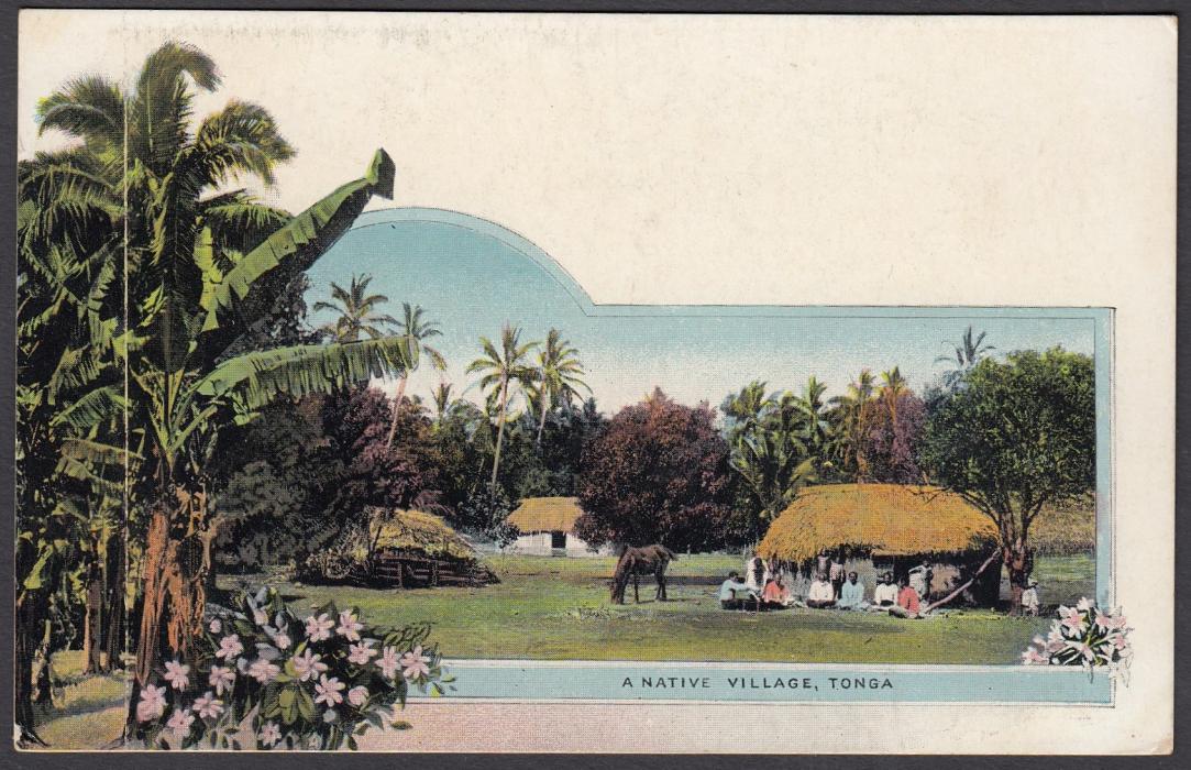 TONGA: (Picture Postal Stationery) 1906 1d. colour picture card A Native Village; unused.