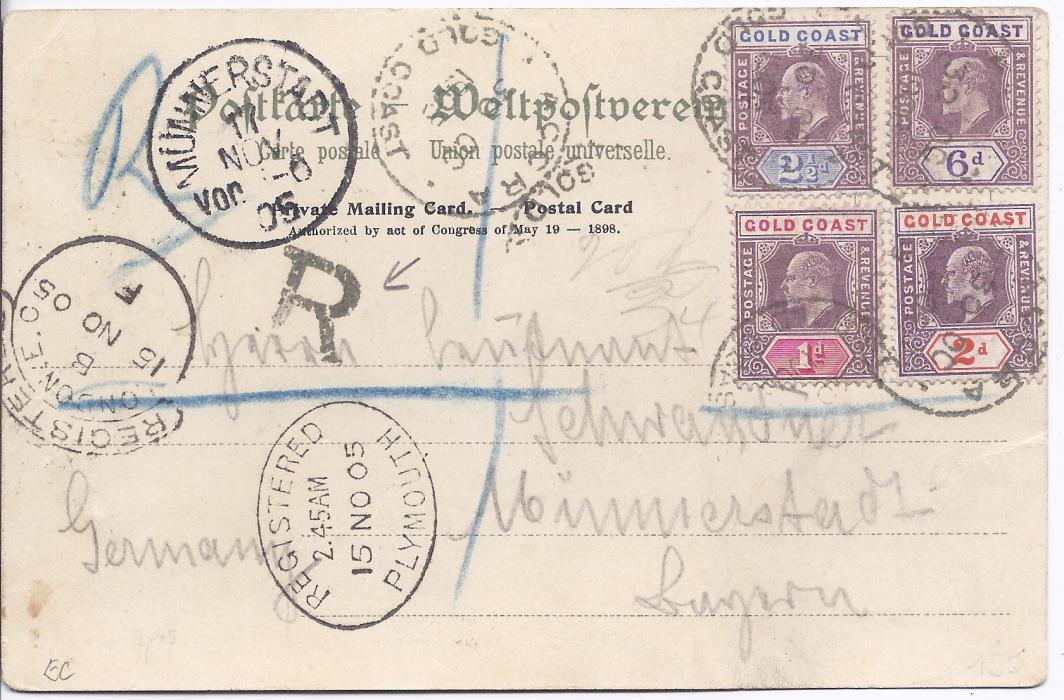 Gold Coast  1905 ‘Hamburg – Amerika Linie’ postcard registered to Munnerstadt, Germany, franked King Edward VII 1d., 2d., 2½d. and 6d. tied Accra cds, small ‘R’ handstamp, Registered Plymouth and London transits and arrival cds; fine condition.