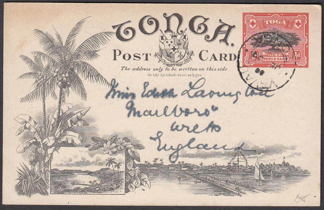 TONGA: (Picture Postal Stationery) 1906 1d. colour picture card The British Residency, used to England. 