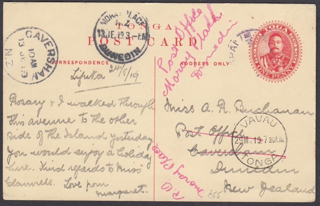 TONGA: (Picture Postal Stationery) 1911 1d. brown hue card titled Cocoanut Palm Avenue, Haapai used to New Zealand with MORAY PLACE/DUNEDIN manuscript annotations and cancels.