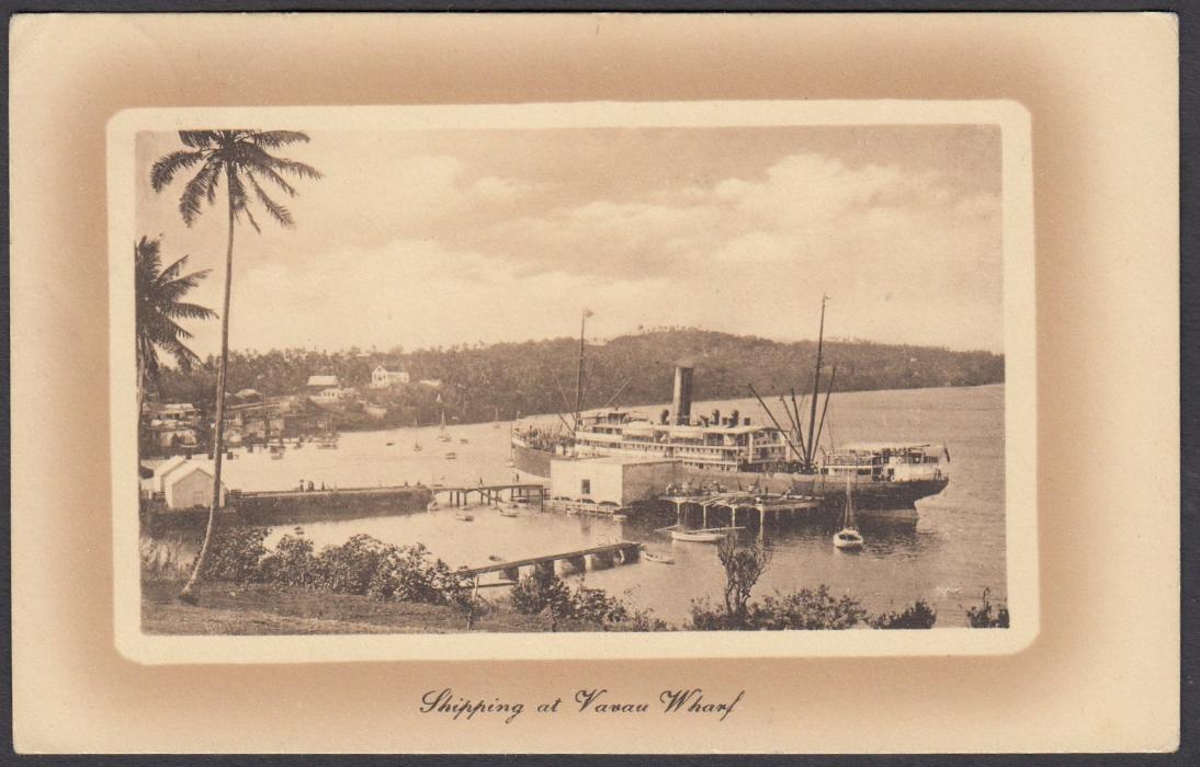 TONGA: (Picture Postal Stationery) 1911 1d brown hue card entitled Shipping at Vavau Wharf, used to England.