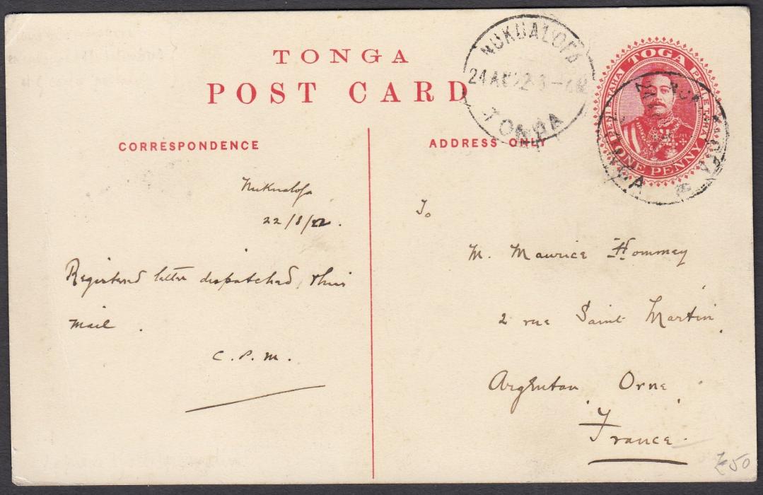 TONGA: (Picture Postal Stationery) 1911 1d red card with black & white view Three Headed Cocoanut, used to France.
