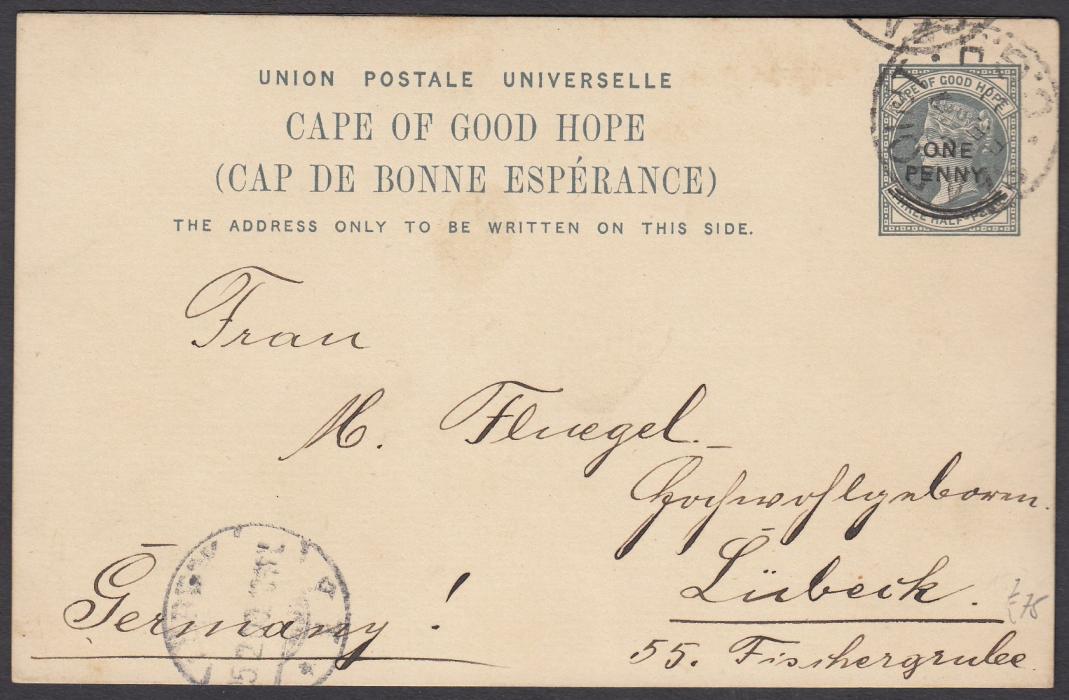 South Africa Cape of Good Hope: 1899 1d. overprinted stationery card entitled Greetings from Cape Town showing colour multi images; fine used to Germany.