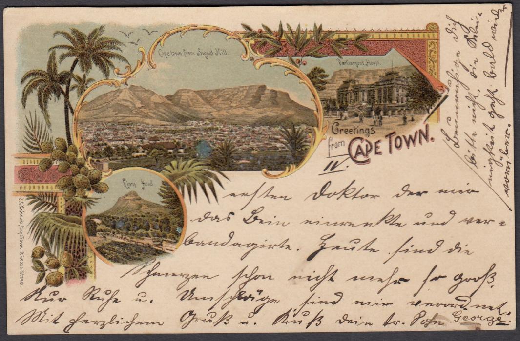 South Africa Cape of Good Hope: 1899 1d. overprinted stationery card entitled Greetings from Cape Town showing colour multi images; fine used to Germany.