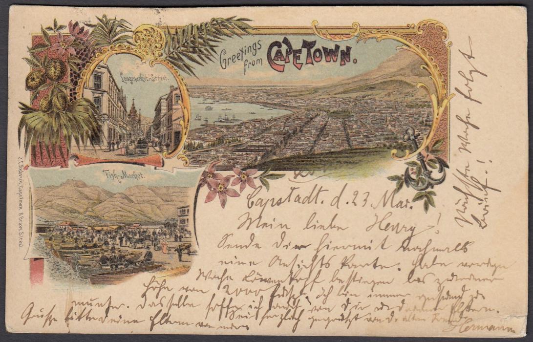 SOUTH AFRICA Cape of Good Hope: 1900 1d. red card with colour views Fish Market, Long Market Street and untitled general view; used from Alfred Docks to Germany. A little irregularly cut