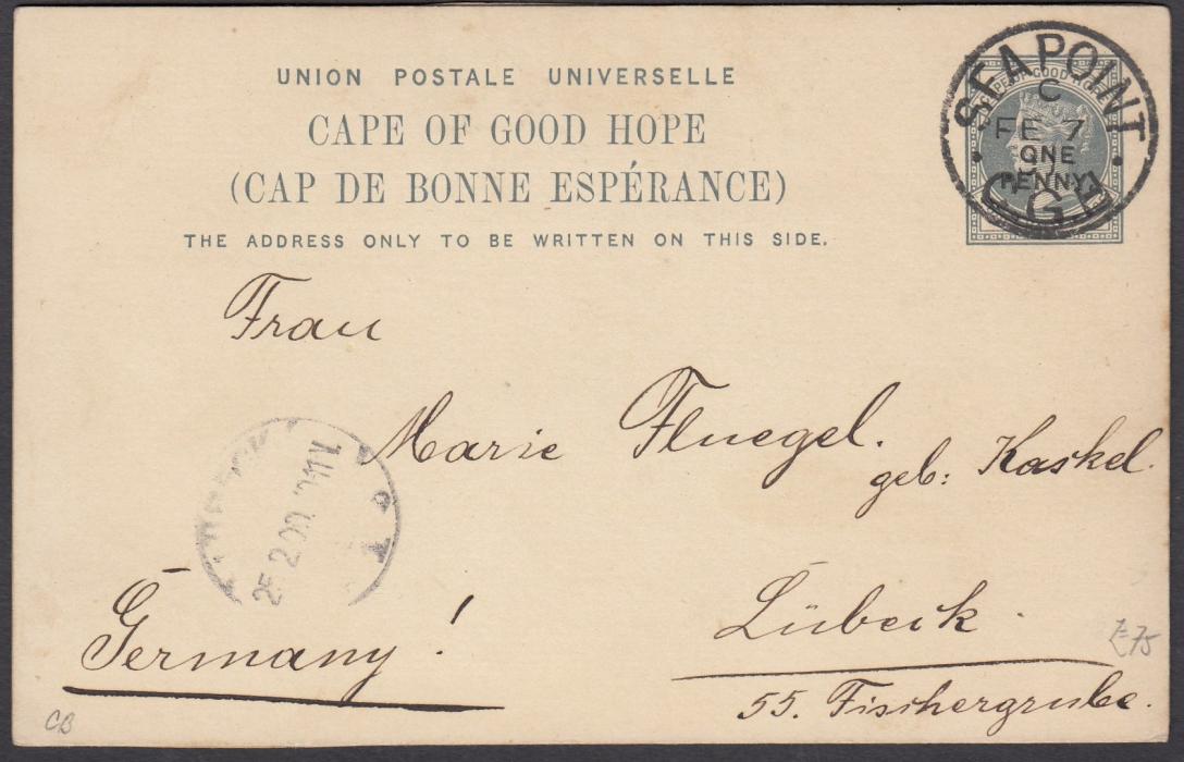 CAPE OF GOOD HOPE: (Picture Postal Stationery) 1900 1d. overprinted card entitled Greetings from Cape Town with colour views Fish Market, Long Market Street and untitled general view; used Sea Point to Germany.