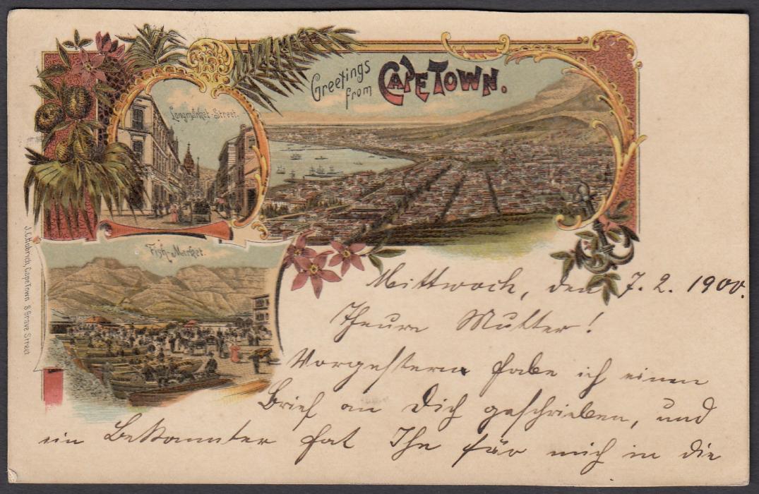 CAPE OF GOOD HOPE: (Picture Postal Stationery) 1900 1d. overprinted card entitled Greetings from Cape Town with colour views Fish Market, Long Market Street and untitled general view; used Sea Point to Germany.