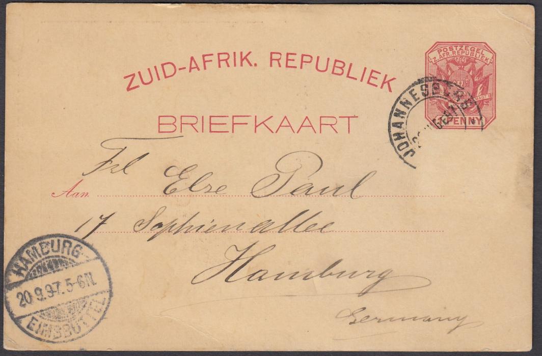 SOUTH AFRICA: (Transvaal - Picture Stationery) 1897 1d. picture stationery card with image entitled The Late Crisis in Johannesburg/March Past Commissioner Street used to Hamburg, the additional franking now removed.