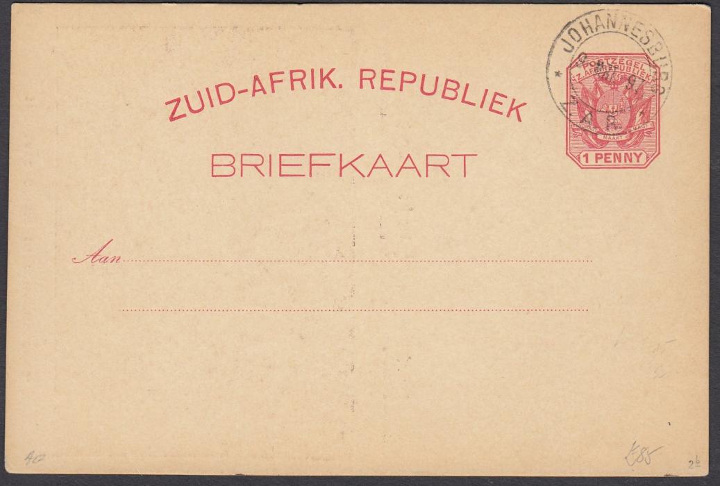 SOUTH AFRICA: (Transvaal - Picture Stationery) 1897 1d. picture stationery card with image entitled The Late Crisis in Johannesburg/March Past Commissioner Street cancelled to order; fine condition.