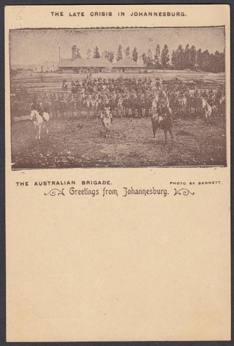 SOUTH AFRICA: (Transvaal - Picture Stationery) c1900 1d. picture stationery card with image entitled The Late Crisis in Johannesburg/The Australian Brigade; fine unused.