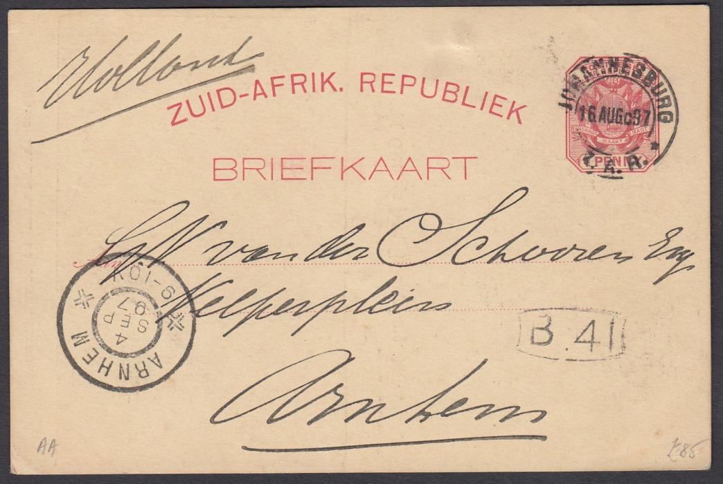 SOUTH AFRICA: (Transvaal - Picture Stationery) c1900 1d. picture stationery card with image entitled The Late Crisis in Johannesburg/The Australian Brigade used to the Netherlands.