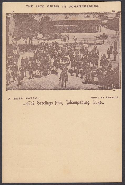 SOUTH AFRICA: (Transvaal - Picture Stationery) c1900 1d. picture stationery card with image entitled The Late Crisis in Johannesburg/A Boer Patrol; fine unused.