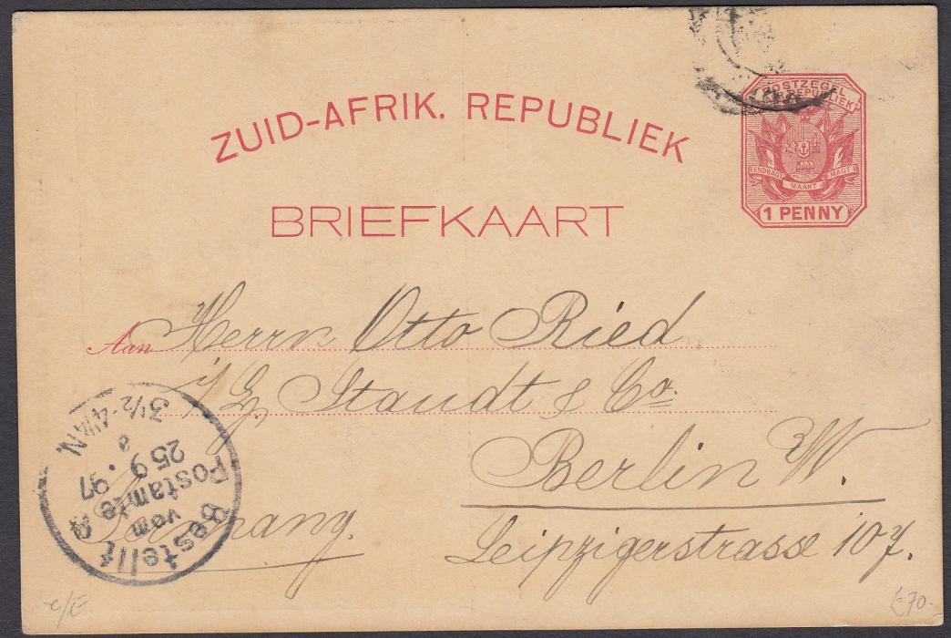 SOUTH AFRICA: (Transvaal - Picture Stationery) 1890s 1d. card with image entitled The Late Crisis in Johannesburg/Fortifications at Auckland Park, used to Germany.