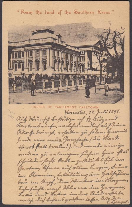 SOUTH AFRICA: (Cape of Good Hope - Picture Stationery) 1899 1d. card entitled Houses of Parliament Capetown; used to Germany.